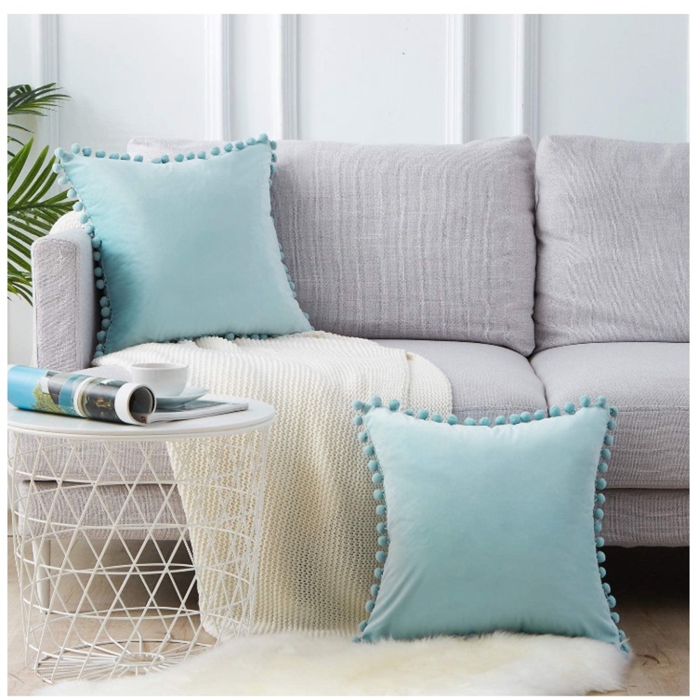 Trendy Light Blue Modern Cute Velvet Pompom Throw Pillow Decorative Cover Set - Picture 2 of 16